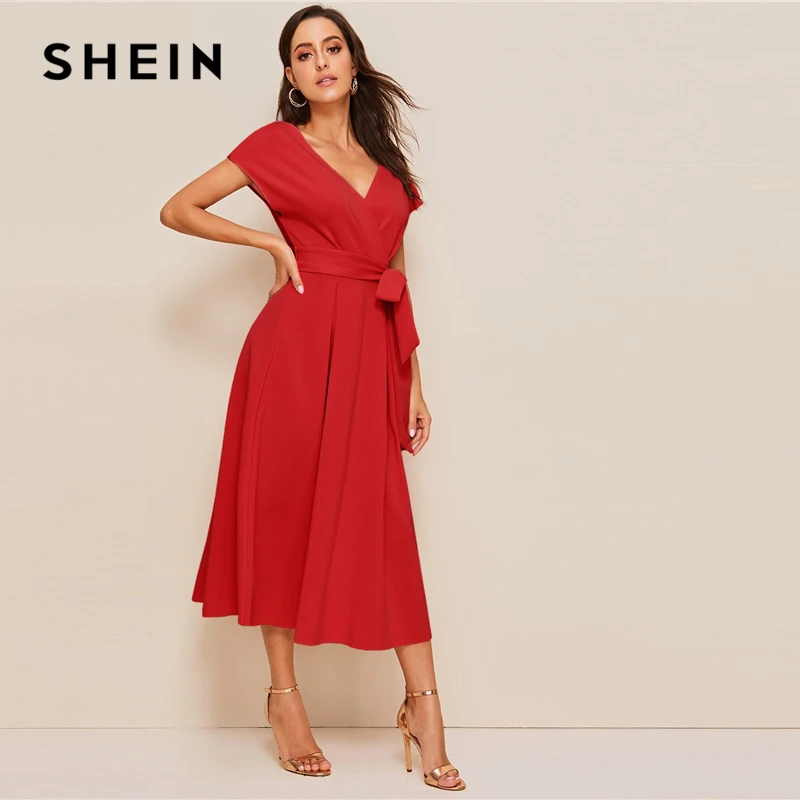 SHEIN застежкой-молнией на спине верхняя часть шеи с поясом, платье с пышной юбкой элегантная женская летняя обувь с цветочным рисунком топ с глубоким V-образным вырезом платье с высокой талией