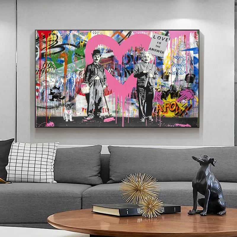 

Chaplin and Einstein Graffiti Wall Art Love is The Answer Canvas Painting Pop Poster Print Modern Living Room Home Decor Picture
