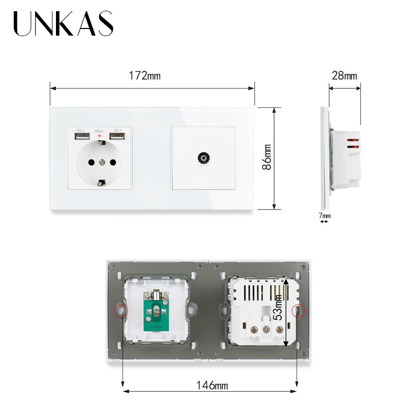 Розетка электрическая UNKAS с 2 USB портами и гнездом для телевизора 172 х86