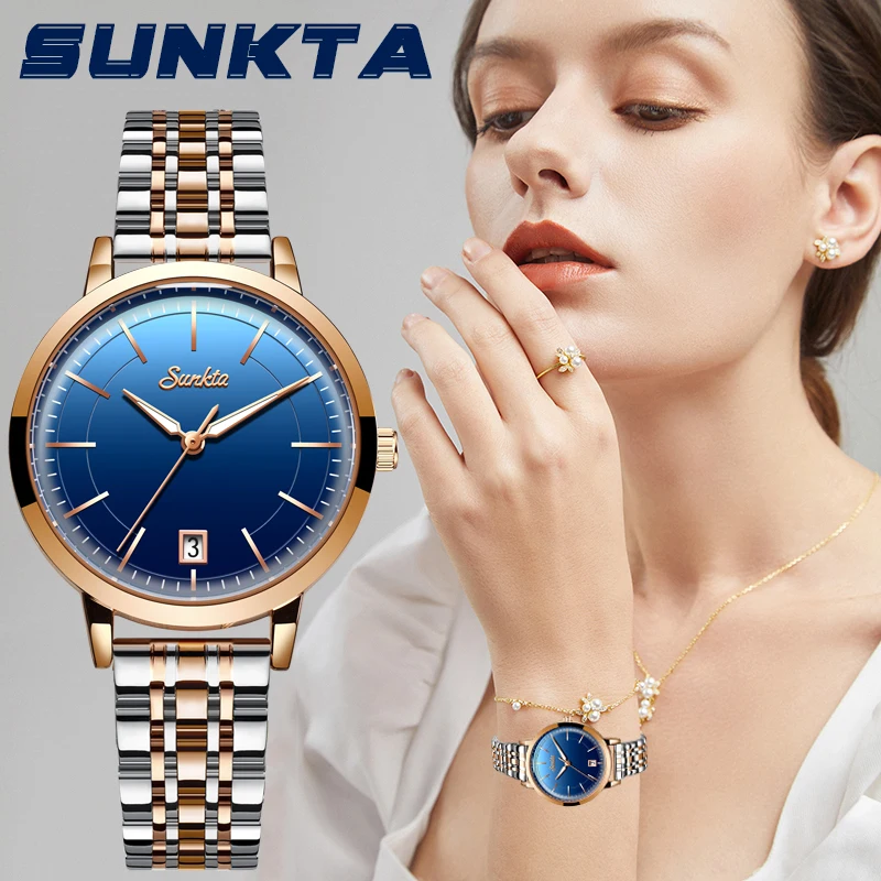 Женские часы SUNKTA Топ Бренд роскошные Кварцевые водонепроницаемые женские