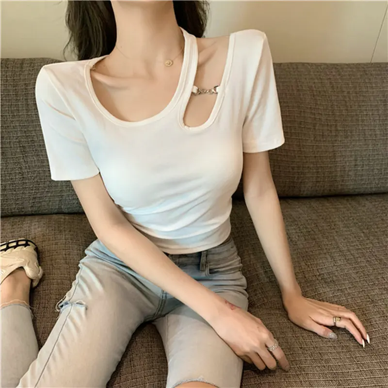 

Летнее платье для женщин с коротким рукавом нерегулярные с О-образным вырезом цепи вязки ювелирные изделия Chic рубашка леди эластичный тонк...