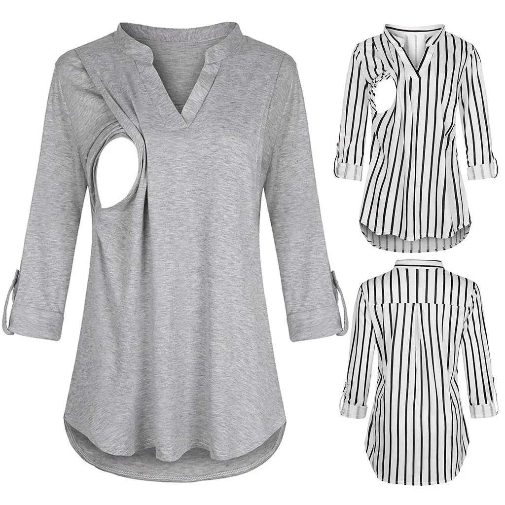 

Maternity Blouse Women Mom Pregnant Nursing Baby Long Sleeved Stripe Tops Maternity Clothes Summer Nursing Tops Breastfeeding