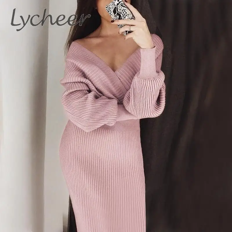 Lycheer Сексуальное Женское вязаное платье с v-образным вырезом осень зима рукав