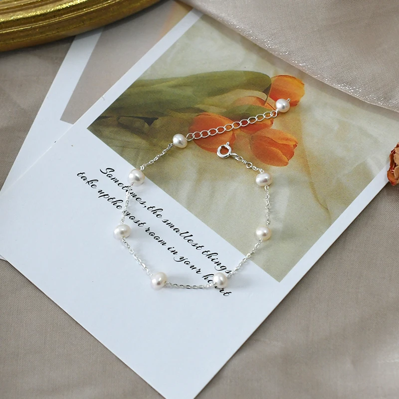 Женский браслет-цепочка из серебра 925 пробы с натуральным пресноводным жемчугом