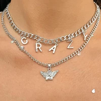 sindlan 2pcs punk silver color chain angel pendant necklace for women hip hop letter crazy couple y2k emo fashion jewelry collar
