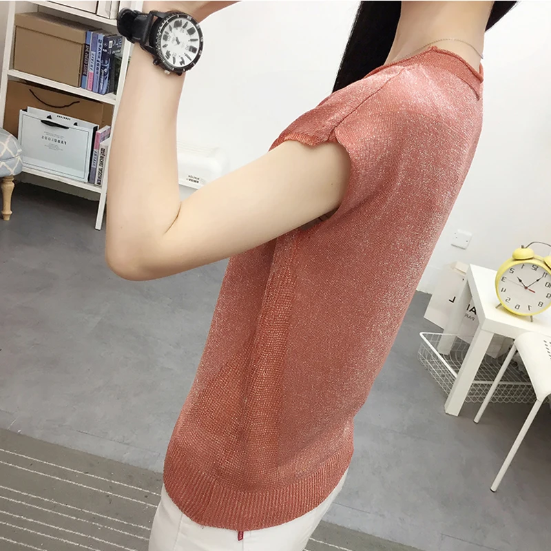 Lurex Women's knitted T-shirt Tops Ruffled V-neck Tshirt Loose casual soft knitting Tee shirt Female 2020 summer Dames T | Женская