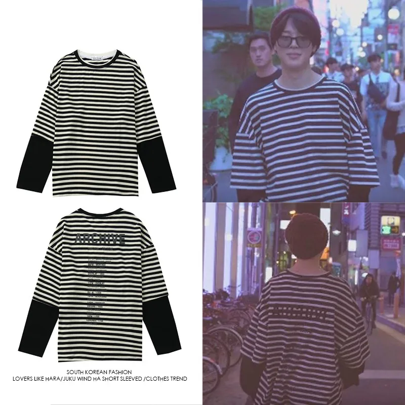 

Новинка kpop Bangtan Boys JIMIN одинаковая полосатая толстовка с асимметричным вырезом пуловер толстовка с длинным рукавом рубашка одежда