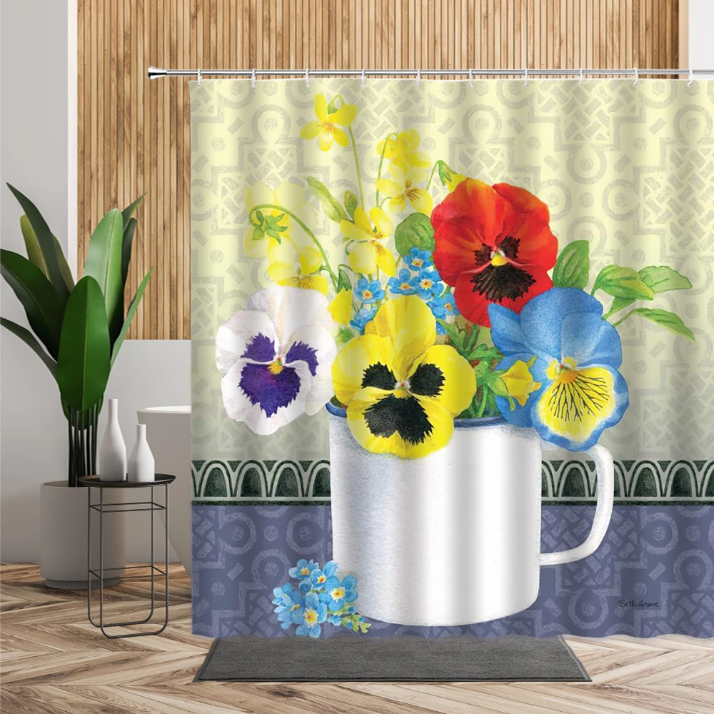 Европейская ретро картина маслом Цветочная занавеска для душа ваза