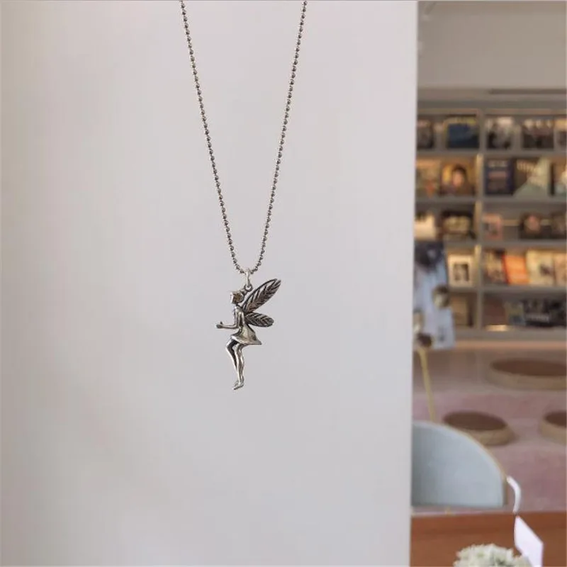 POFUNUO Women Luxury Vintage 925 Sterling Silver Necklace Angel Fairy Pendant Beads Link Chain Lovers Fine Jewelry Gift | Украшения и