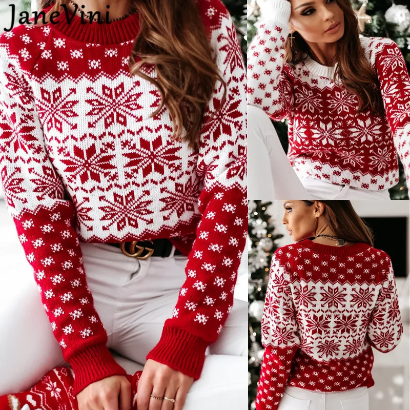 

JaneVini Fashion Red Christmas Women Sweaters Autumn Winter Long Sleeve Pullover Knitted Casual Sweater Pull De Noel Famille