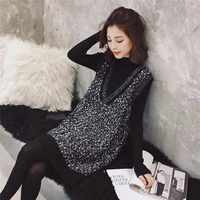 spring autumn women knitted two piece set fashion v neck loose vest knitted bright silk vest dress high neck bottom sweater