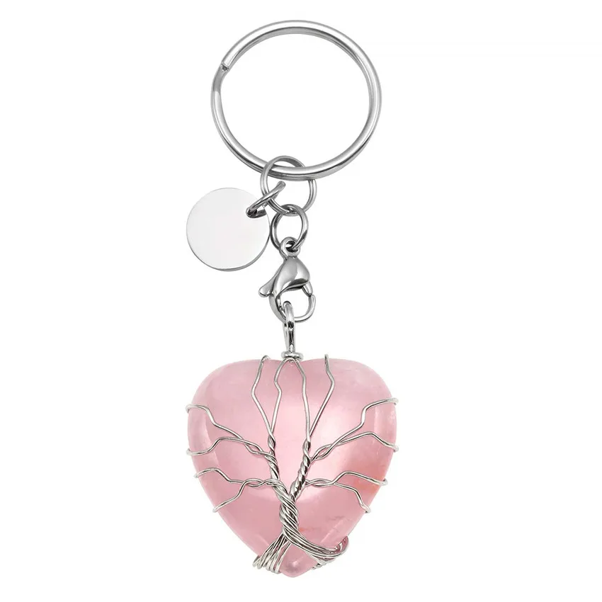 Женский брелок для ключей FYJS, уникальный посеребренный браслет с круглой застежкой «Лобстер», натуральный розовый кварцевый кристалл с сер...