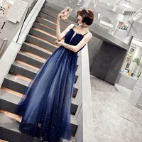 special occasion dress illusion strapless sleeveless spaghetti strap a line pleat tulle lace backless blue women prom gown e1036