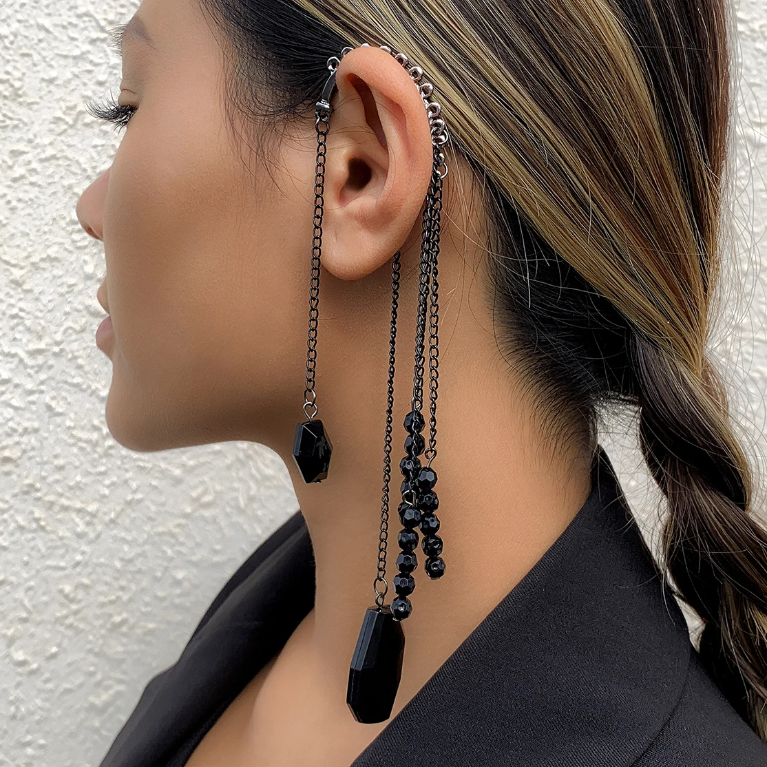 Ingemark Vintage Long Tassel Clip Earrings Black Acrylic Geometric Pendant No Piercing Women Ear Cuffs Goth Jewelry Accessories