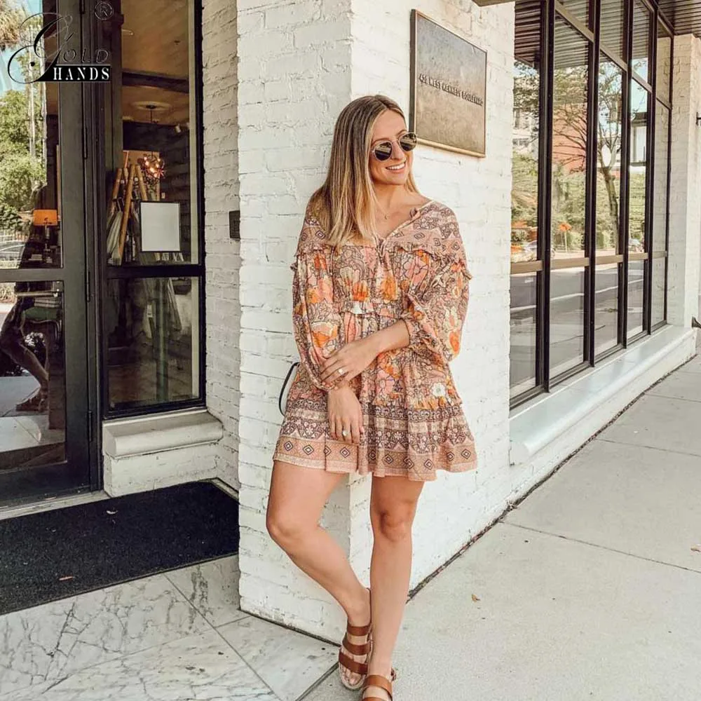 Женское мини платье с принтом Золотое повседневное пляжное длинным рукавом и