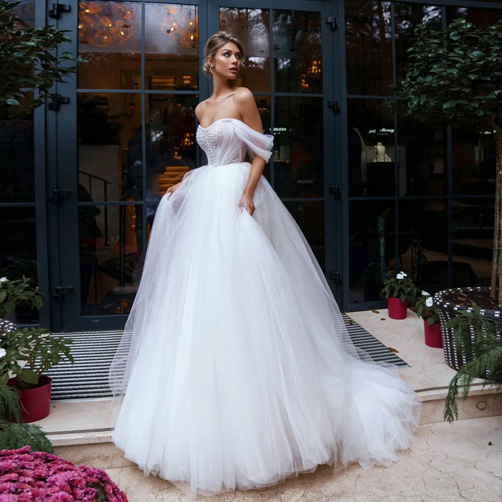 

Jiayigong 2022 Wedding Dress Off The Shoulder Sweetheart A Line Bridal Dresses Sweep Train Beading Tulle Wedding Gowns for Women