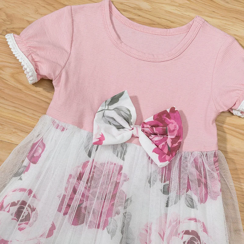 

2021 Cute Little Baby Girls Dress Children Casual Baby Girls DressCotton Bowknot Printed Gauze Skirt Dress Pink Girl Clothes