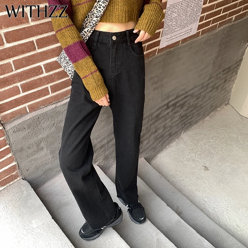 

WITHZZ Autumn Winter Women's Loose High Waist Denim Pants Fleece Straight Female Jeans