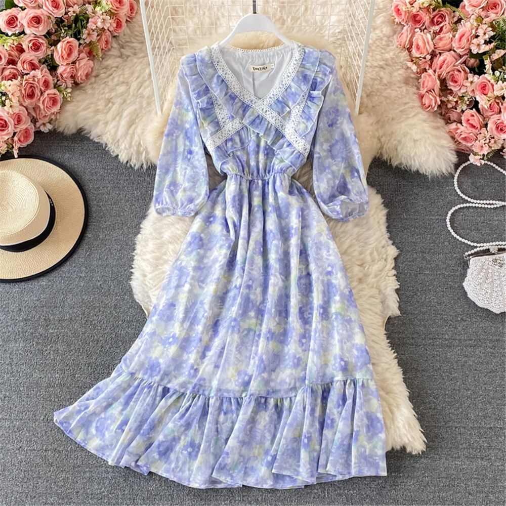 

Women Chiffon Floral Summer Dress Plus Size Sweet Elegant Ruffled Midi Dresses Casual Beach Holiday Gown Female Clothing 2021