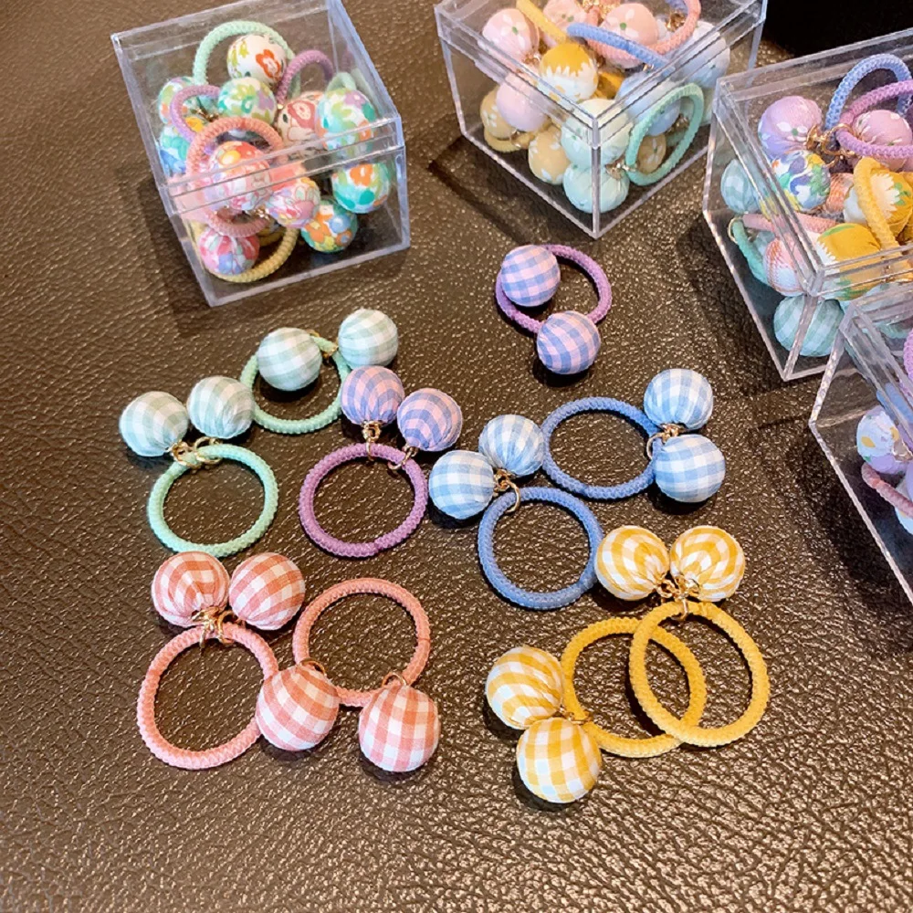 10 шт. Тканевая резинка для волос с маленькими шариками милая в клетку прозрачная