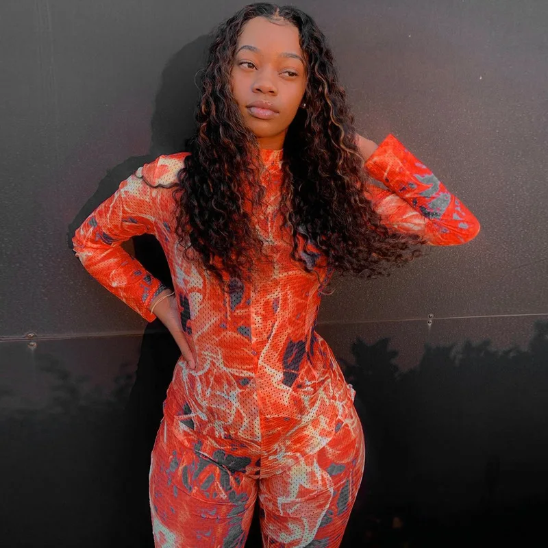 

BIIKPIIK Printed Bodycon Skinny Long Sleeve Women Jumpsuits Fashion Autumn 2020 One Piece Workout Zipper Jumpsuit Active Wear