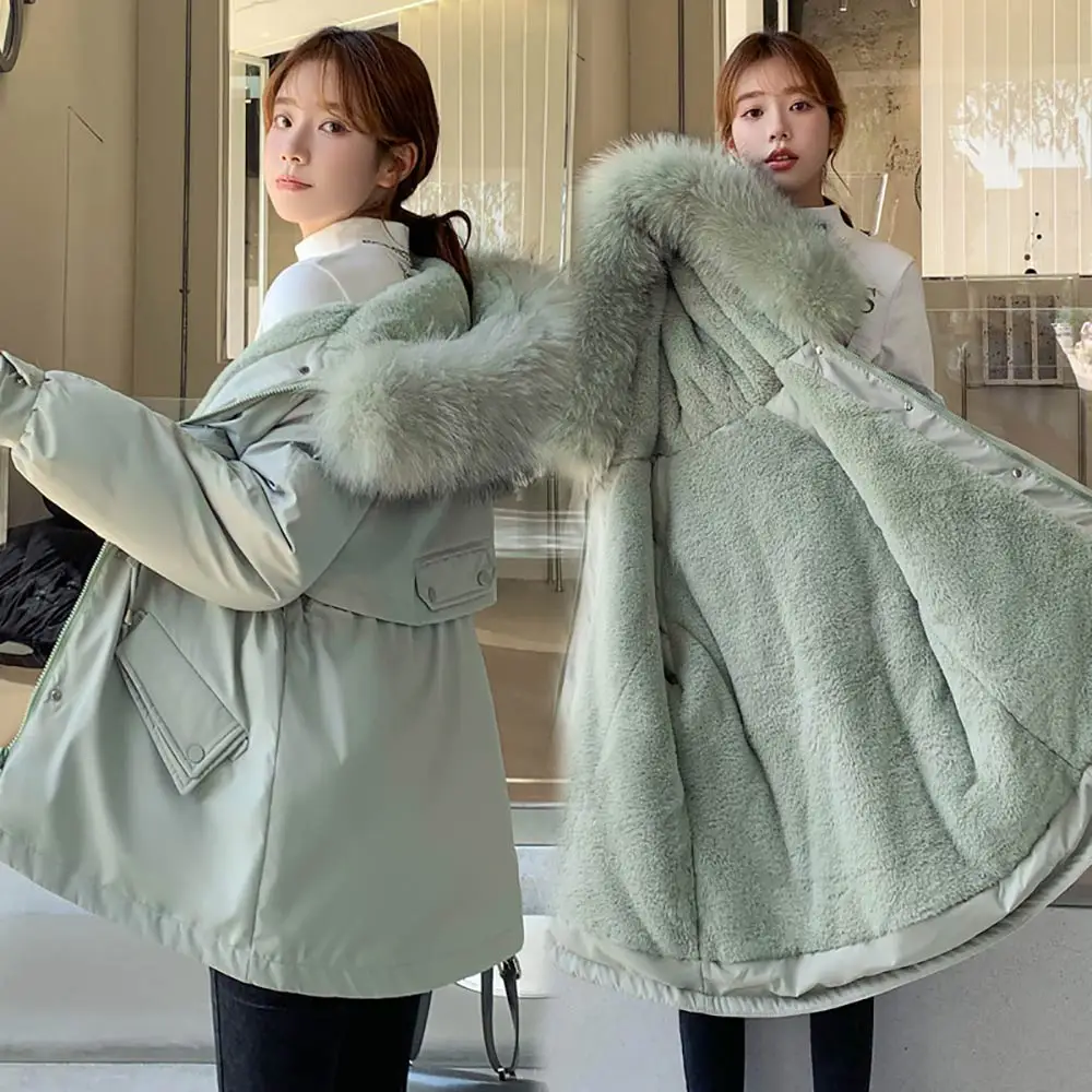 PinkyIsBlack Short Fur Liner Parka Solid Color Winter Jacket Women 2021 New Big Pocket With Fur Collar Ladies Casual Hooded Coat