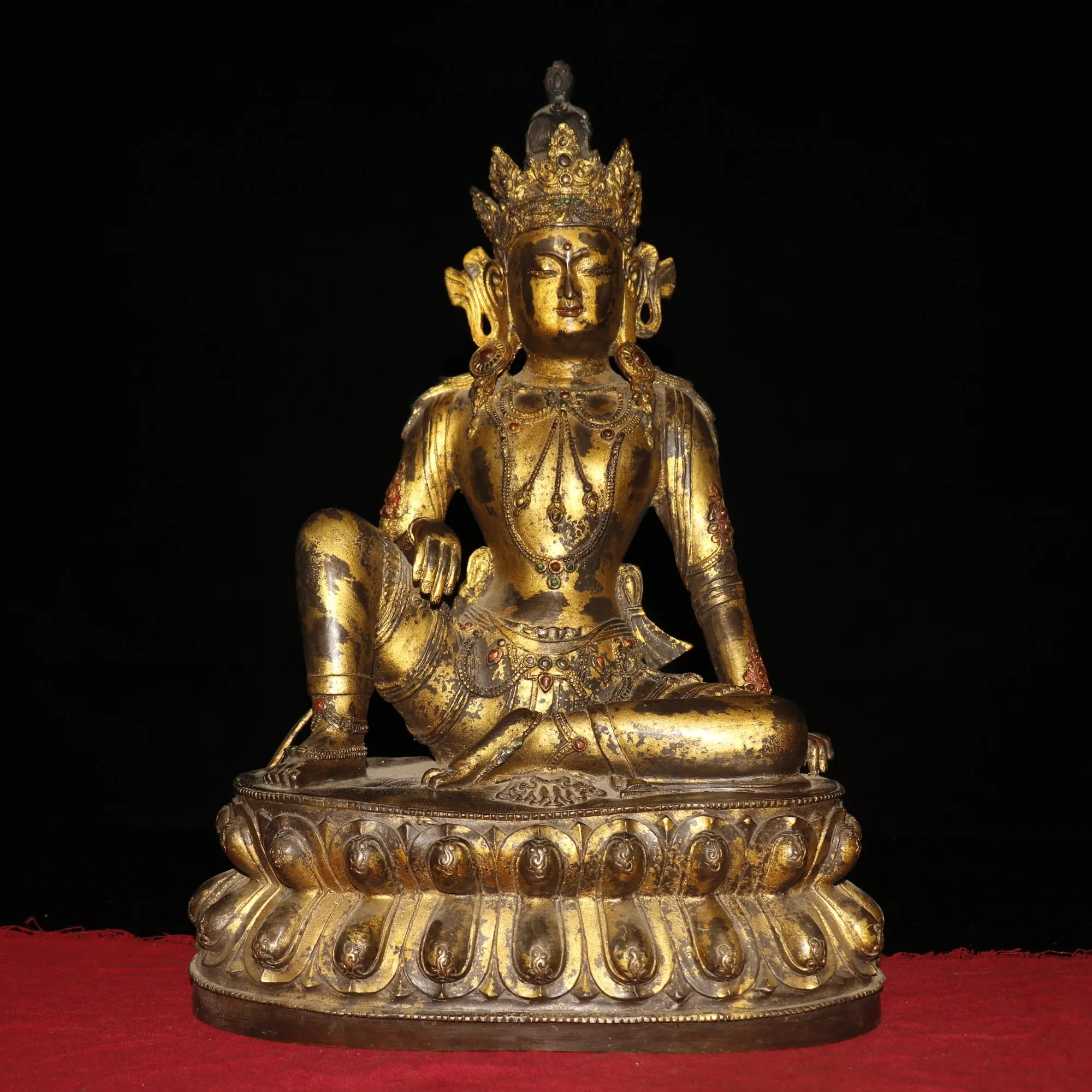 

19"Chinese temple collection Old purple Bronze Lacquer Cinnabar Free Tara Bodhisattva Tibetan Buddha Lotus Terrace Ornaments