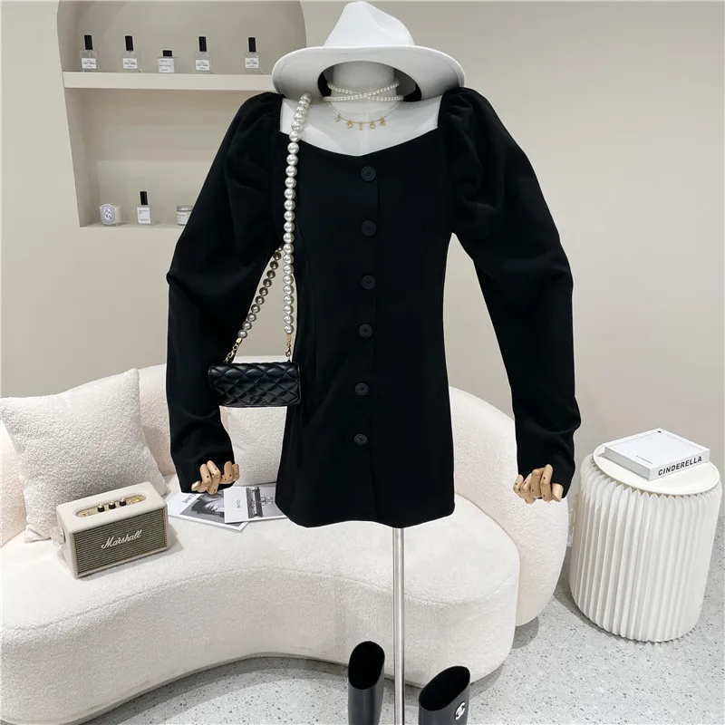 

Women's Spring Summer 2021 Niche Design Fashion Slim Single Breasted Bubble Sleeve Square Collar Small Black Dress