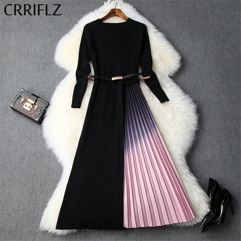 

Длинное женское плиссированное платье, новинка, вязаный пуловер, градиент, весеннее платье в стиле пэчворк, женское облегающее платье с дли...