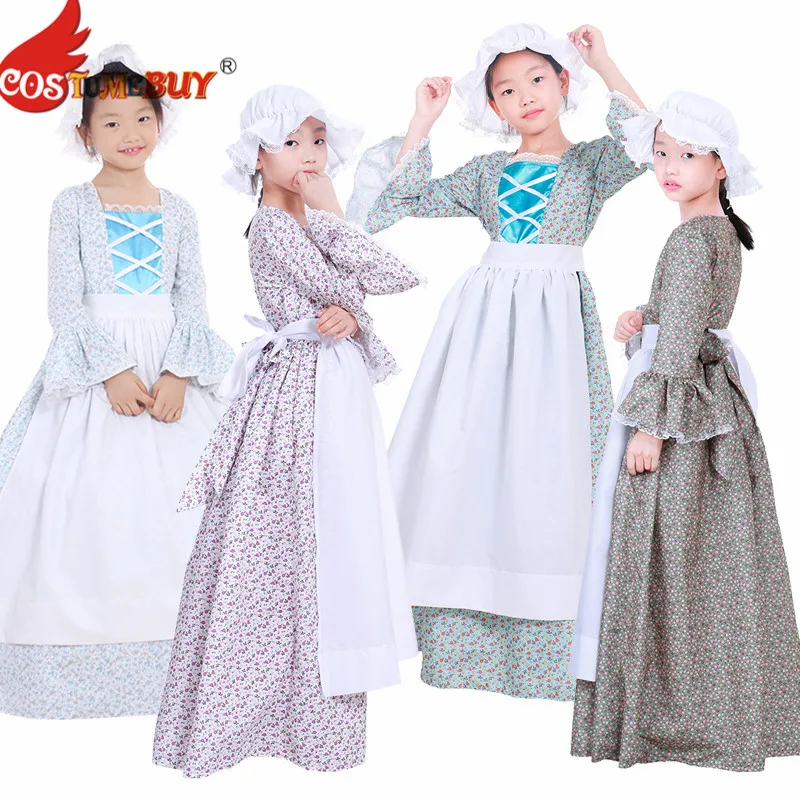 

Costumebuy Reenactment Pioneer Prairie Colonial maid Girls Kids Costume Carnival victorian Medieval Cosplay Child Dress With Hat
