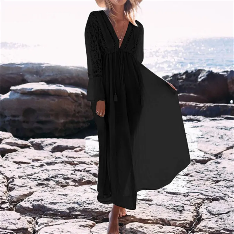 Elegant Peacock Blue Hollow Out Beach Dress Sexy Deep V Neck High Waist Plus Size Swimwear Women Tunic Cover Up N274 |