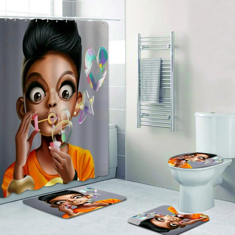 

Afro African American Boy Shower Curtain Set Black Boy Art Painting Bathroom Curtain Bath Mat Rugs Carpet Bathtub Home Decor Kid