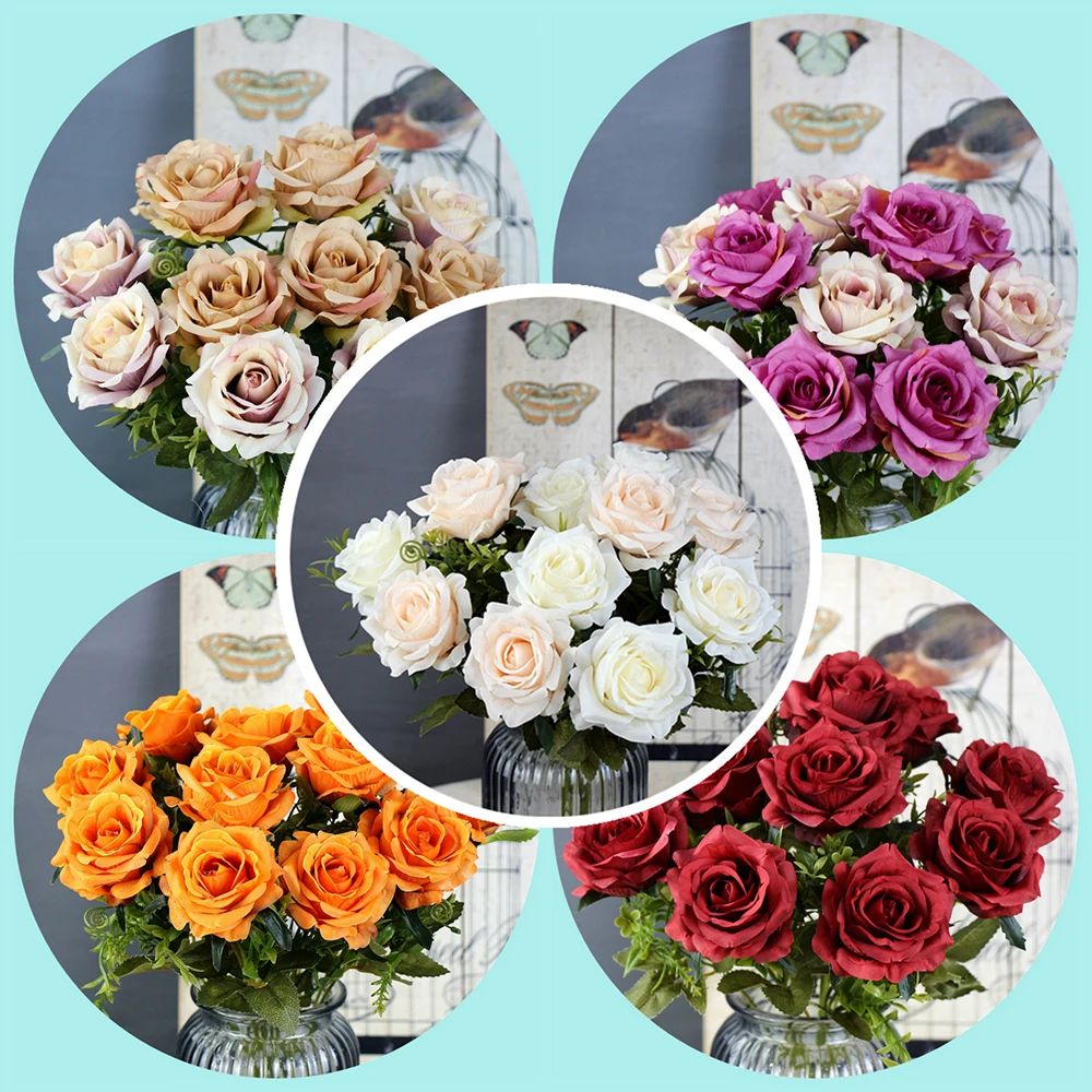 6 шт. розы белого цвета шампанского искусственные цветы из шелка Свадебные букеты