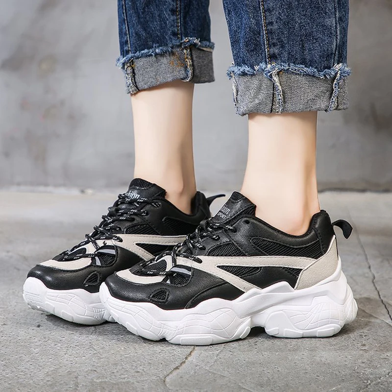 W- Brand spring and autumn new mesh breathable thick-soled students wild wear increased daily solid color lace up women's shoes | Обувь