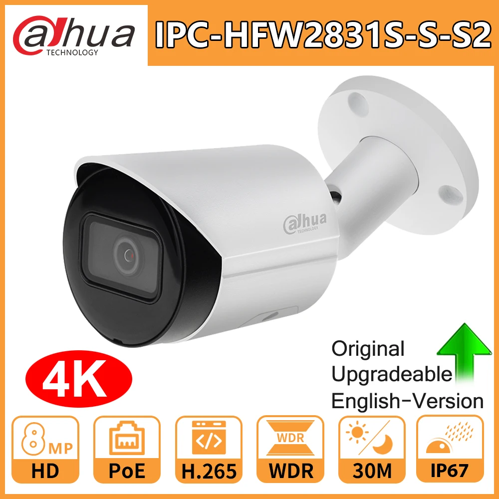 

Original Dahua Bullet Network IP Camera Starlight Mini 8MP 4K PoE IPC-HFW2831S-S-S2 SD Card Slot H.265 30M IR IVS Cam IP67 Cam