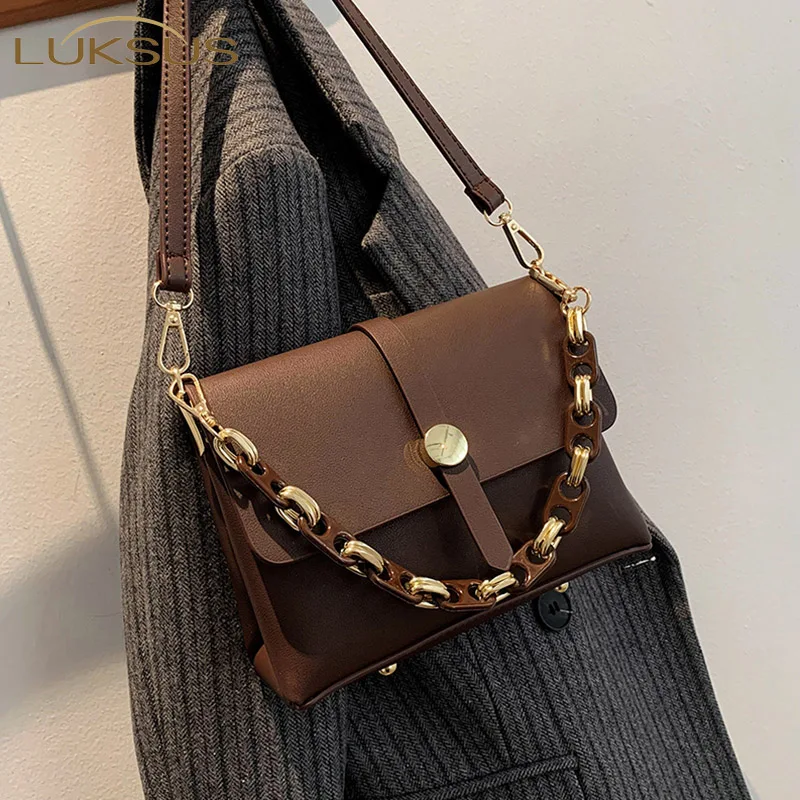 

LUKSUS Office Korean Style Flat Crossbody Bags Soft Leather Black Brown White Khaki Chain Shoulder bags bolsos para mujer sac