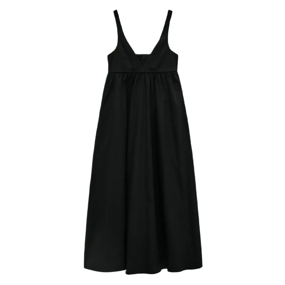 

Женское Плиссированное свободное платье DiYiG, черное платье из поплина с V-образным вырезом и подтяжками, Новинка лета 2021