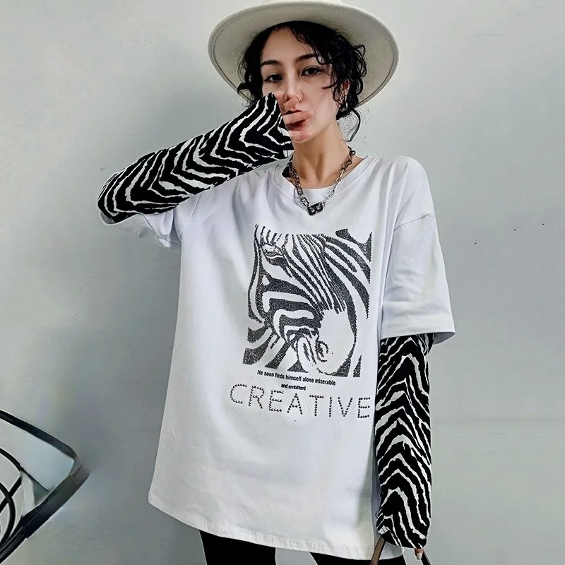 

2021 European Autumn And Winter Frosting New Wear Outside And Inside with Zebra Stitched Bottoming Shirt Loose T-shirt