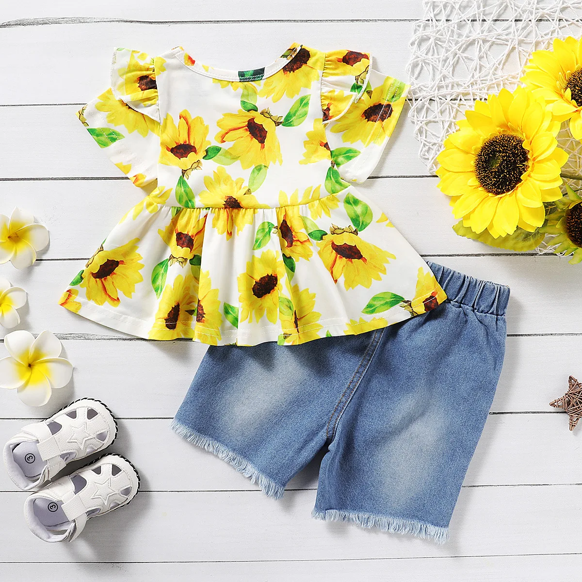 

Girls Sunflower Floral Dress Tops Ruffle Denim Shorts Infant Baby Outfits Set