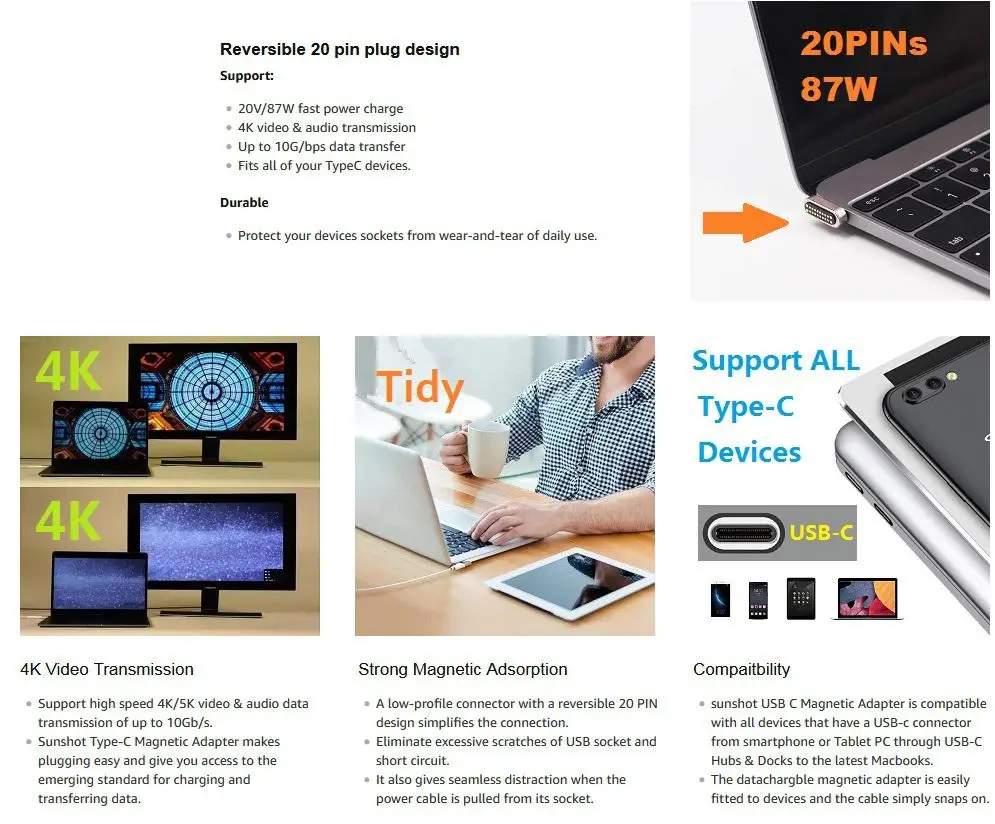 Магнитное зарядное устройство с разъемом USB Type-C для MacBook Pro/Samsung S8/N8/Huawei Mate 9/10/20 |