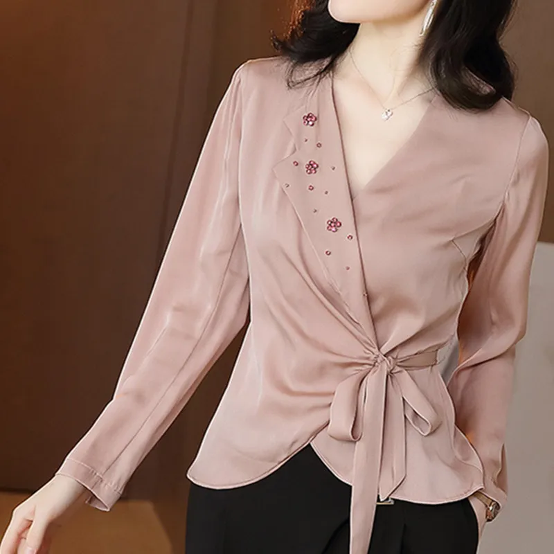 Тяжелая шелковая женская рубашка с длинным рукавом Женская атласная розовая
