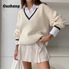 Женский свитер с длинным рукавом TiLeeWon, белый Повседневный пуловер с V-образным вырезом в стиле преппи, корейский стиль, Осень-зима 2019