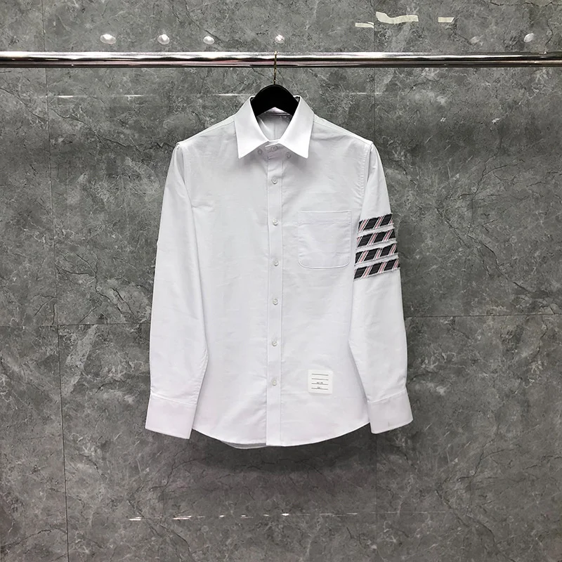 

TB Fashion 2021 THOM Brand Shirts Men Slim White Striped Long Sleeve Casual Shirt Spring Autumn Oxford Solid Men's Clothing