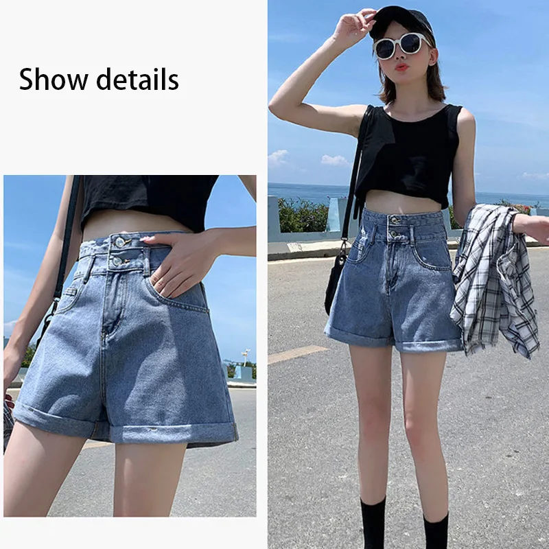 

Summer Denim Shorts Women's High Waist Thin Wide Leg Pants Double Breasted Fringed Edges