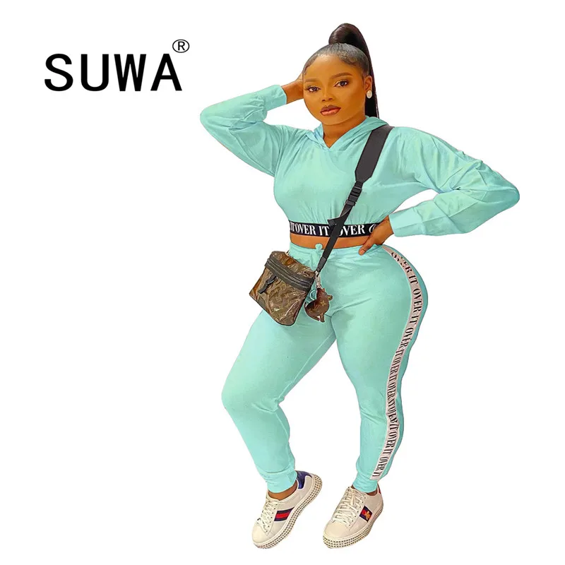 

Women's Sport Suit New Autumn Clothing Letter Print Hooded Long Sleeve Crop Top and Skinny Jogger Sweatpant 2 Piece Matching Set