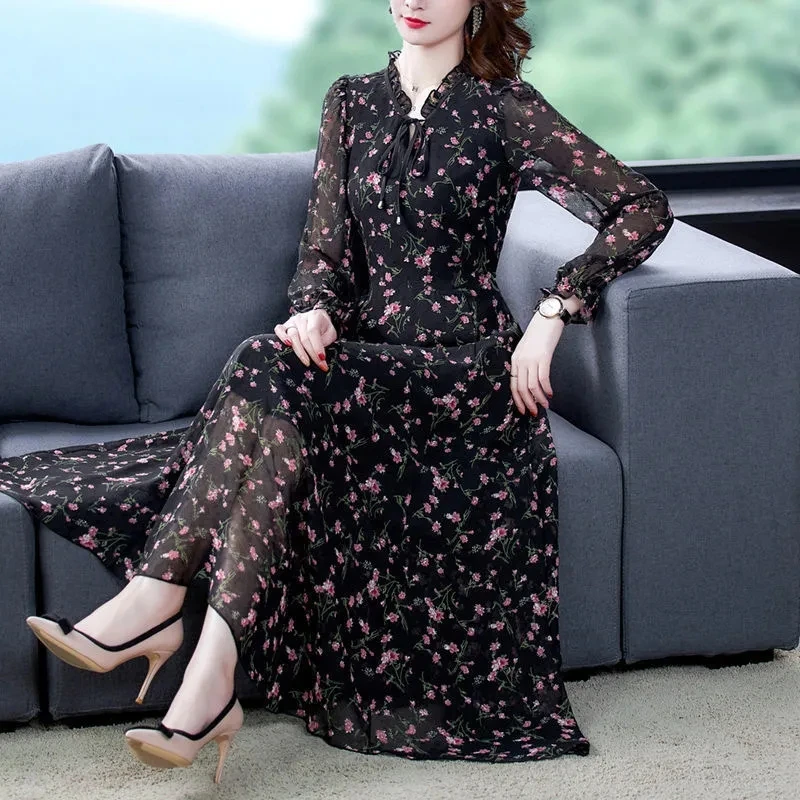 

Short Sleeve Summer Dress Chiffon Print Femme Long-Sleeved V-Neck Floral Dress Plus Size 6XL Long Dresses For Women 2021 Black