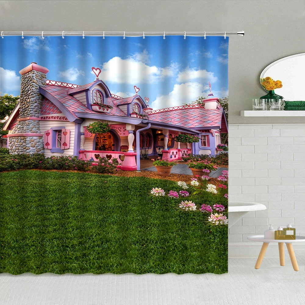 

Nordic Country Garden Scenery Shower Curtain Building Green Plant Flower Windmill Landscape Bathroom Decor Fabric Hooks Curtains