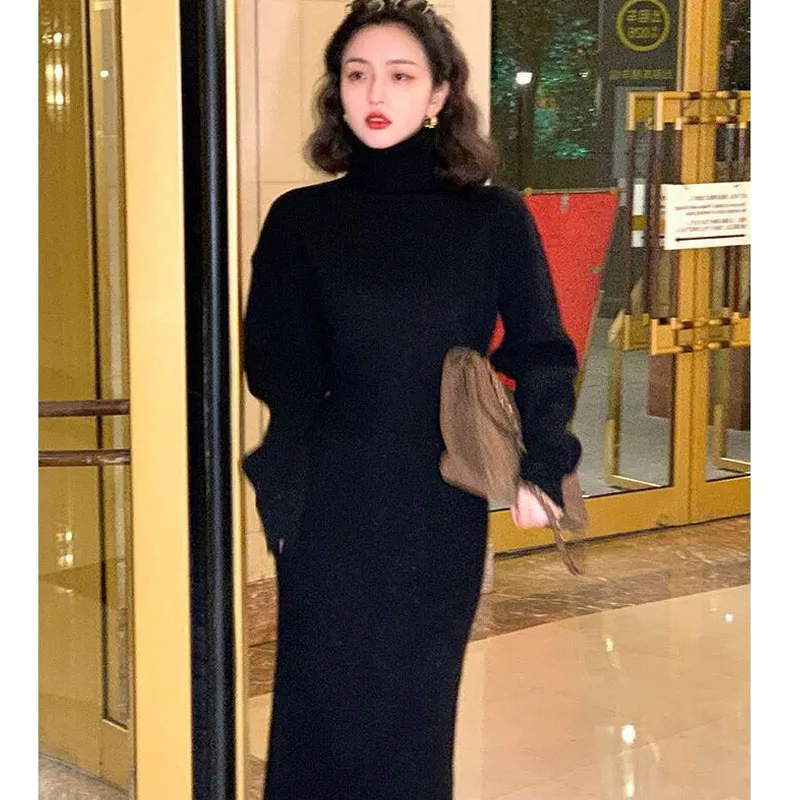 

Autumn And Winter 2022 New French High Neck Knitted Women's Dress With Coat, Bottom Sweater, Skirt Knee Length