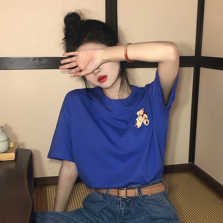 

YTX1334 2021 new super fire bear embroidery vintage sense loose base and age-reducing short-sleeved T-shirt