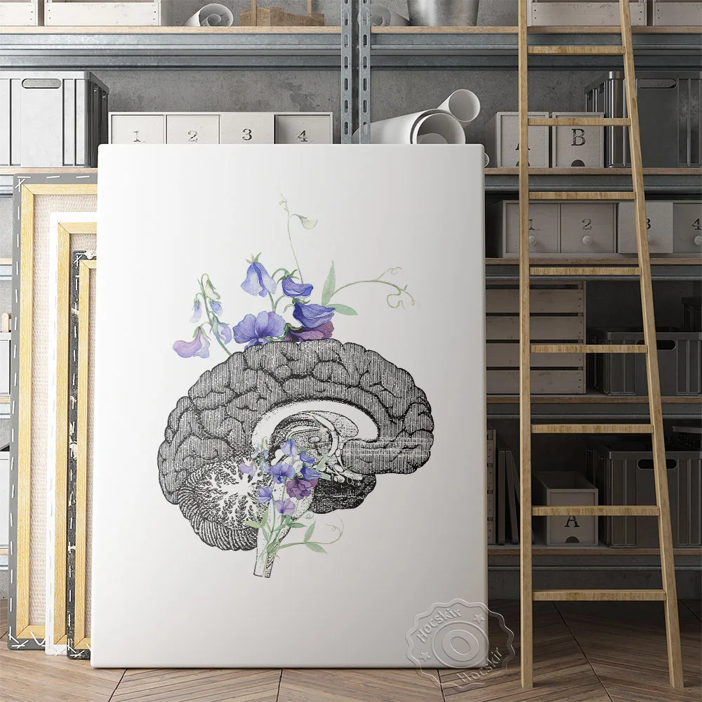

Human Cerebrum Medical Anatomy Poster, Bluish Violet Flower Leaf Brain Plane Prints, Nordic People Nature Home Decor, Idea Gift